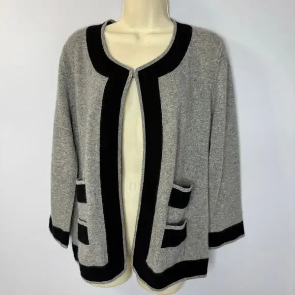 Neiman Marcus Cashmere Grey Black Trim Cardigan Sweater Feminist Luxury Womens L - Picture 7 of 9